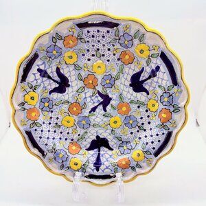 Vintage Ysauro Uriarte Mexican Talavera Plate 9” Blue Green Yellow Flowers Birds